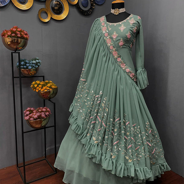 Self Design Green Georgette Embroidered Designer Gown, Party wear at Rs  1049 in Surat